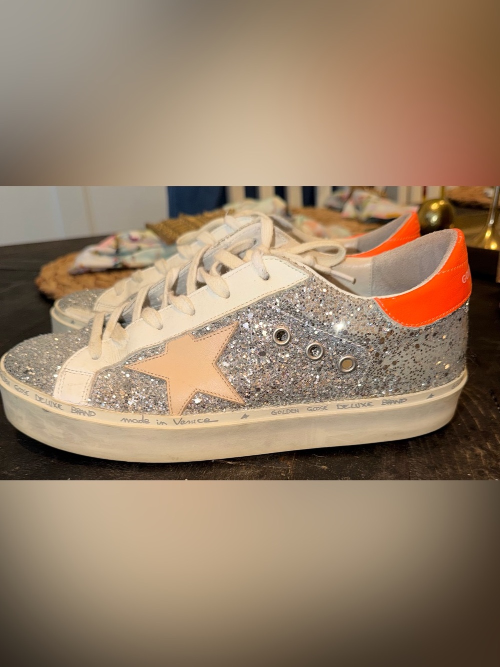 Golden Goose Hi Star Silver Glitter Sneaker with Peach Star/Orange Heel Tab - Picture 9 of 9